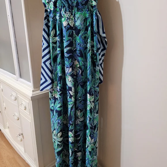 Lilly Pulitzer Blue Green Nila Jumpsuit with striped  fabric tie belt wide leg - Picture 2 of 16